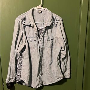 Torrid Light Blue Button Down with Black Geometric Pattern